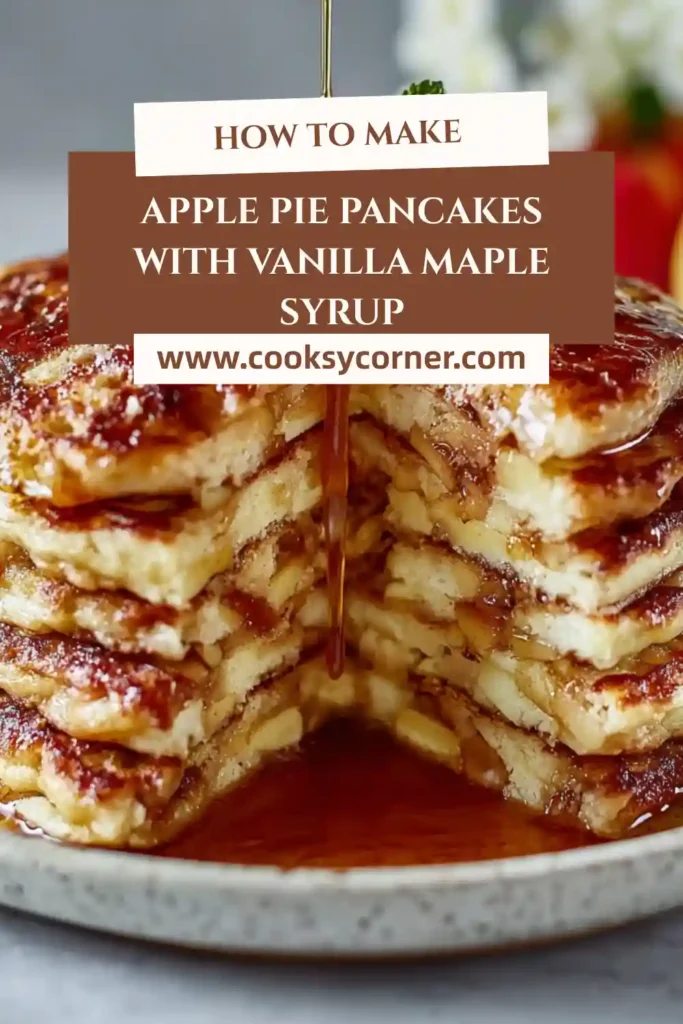 Apple pie pancakes served on a plate with butter and vanilla maple syrup. A cozy breakfast inspired by classic apple pie flavors.