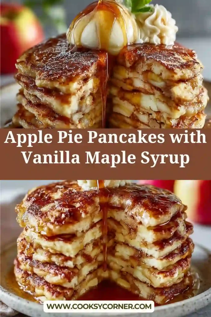 Close-up of apple pie pancakes showing tender apple pieces and golden edges. Served warm with vanilla maple syrup drizzled on top.