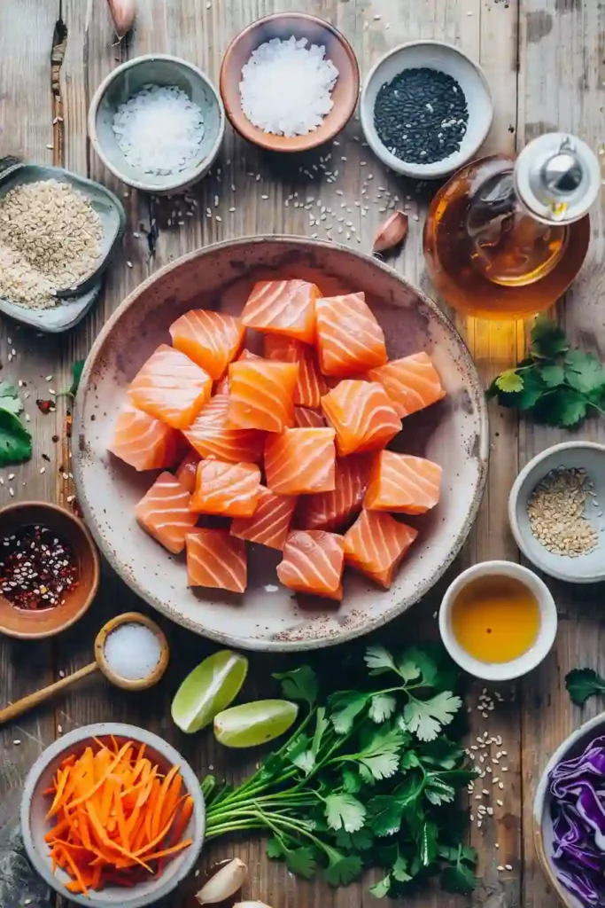 Air-fried salmon bites over rice with creamy bang bang sauce.
