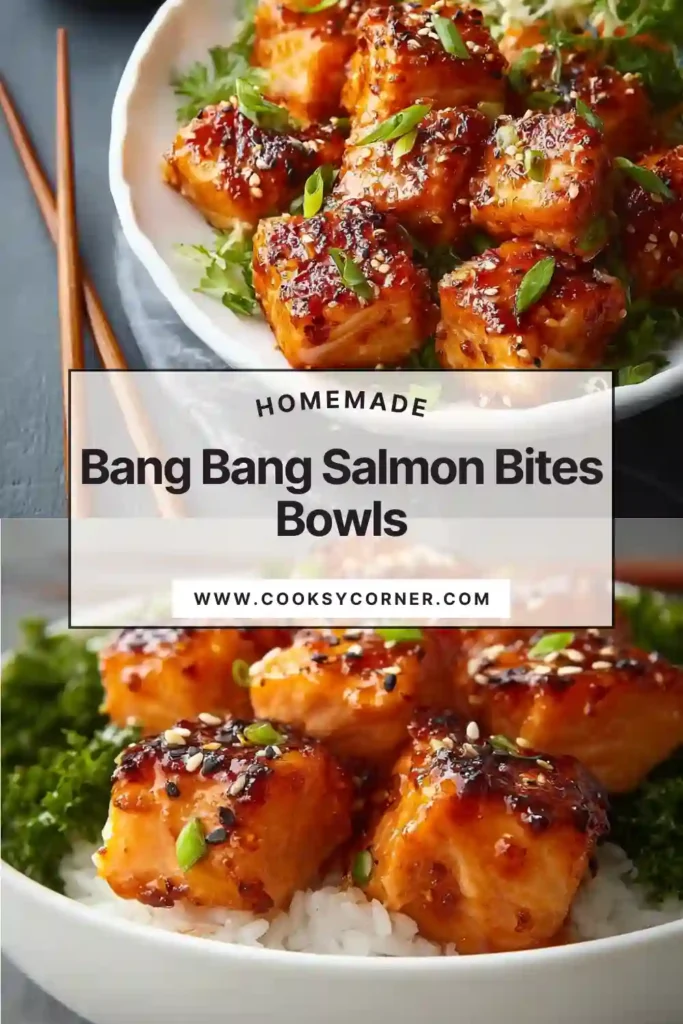 Bang bang salmon bites bowls with crispy salmon, rice, avocado, and creamy sauce.