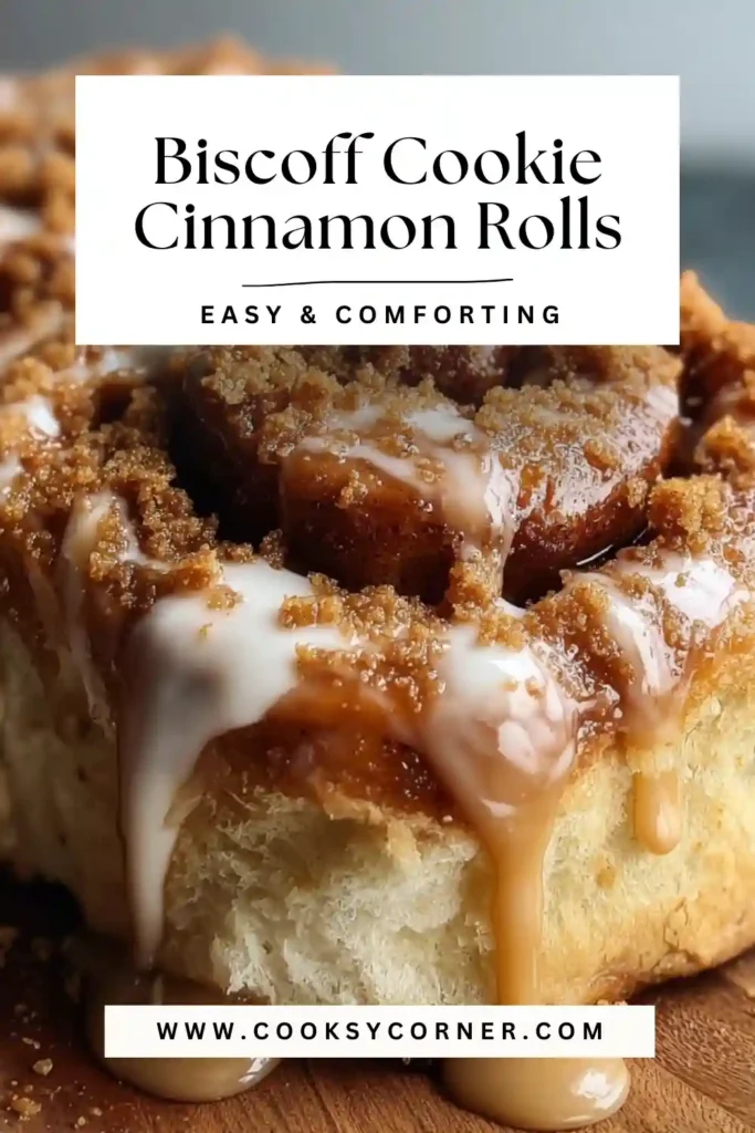 Freshly baked Biscoff Cookie Cinnamon Rolls in a baking dish, generously coated with warm cookie butter and crunchy cookie crumbs.