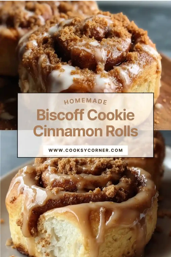 Close-up of Biscoff Cookie Cinnamon Rolls showing pillowy dough layers, cinnamon filling, and glossy cookie butter topping fresh from the oven.