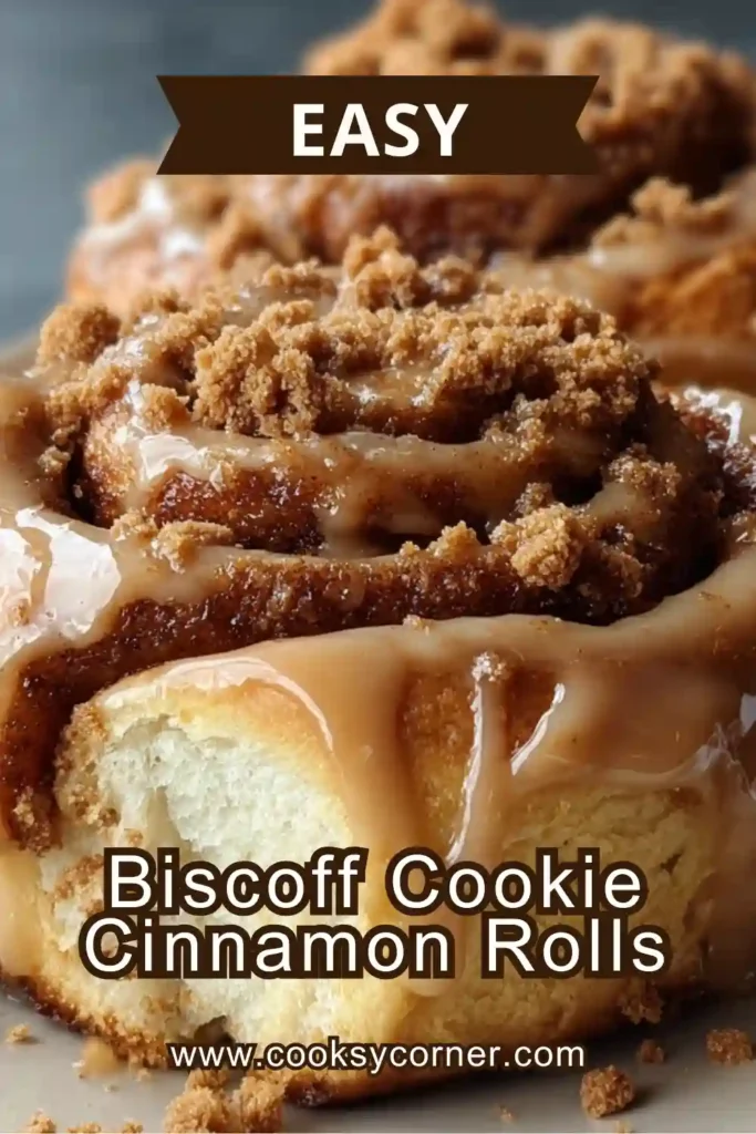 Soft Biscoff Cookie Cinnamon Rolls baked until golden and topped with melted cookie butter and crushed Biscoff cookies. The rolls are fluffy with visible cinnamon swirls.
