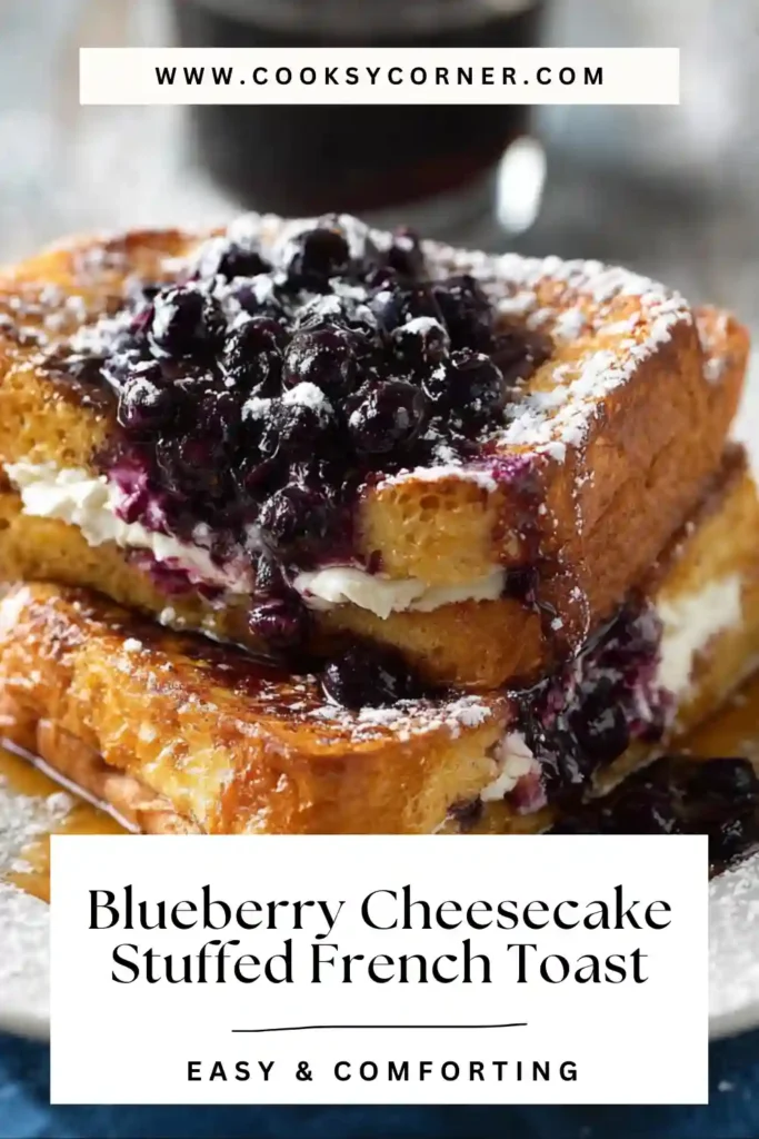 Blueberry Cheesecake Stuffed French Toast made with brioche slices filled with creamy cheesecake and blueberries. Golden fried and topped with syrup for a rich brunch dish.