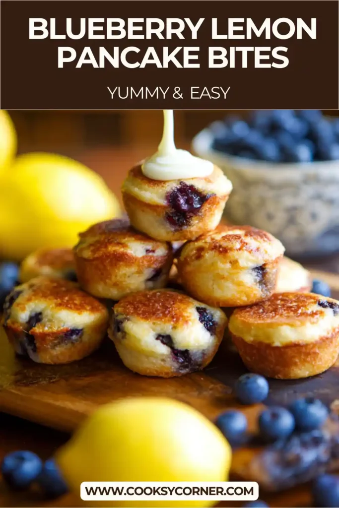 Mini lemon pancake bites filled with blueberries and drizzled icing.