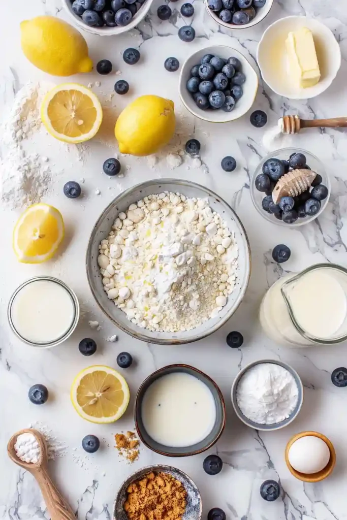 Overhead view of blueberry pancake poppers arranged on a plate.