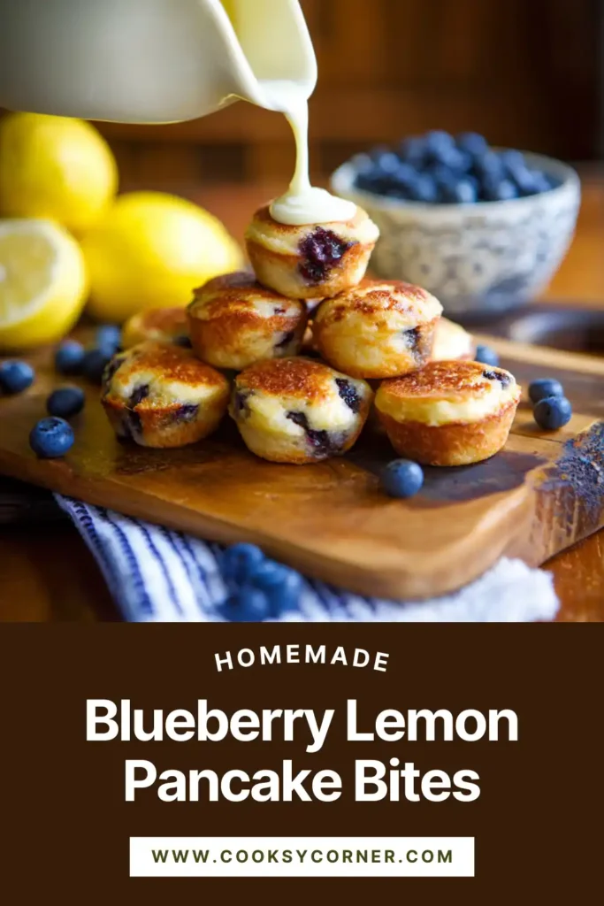Blueberry Lemon Pancake Bites served warm with cream cheese icing and fresh blueberries.