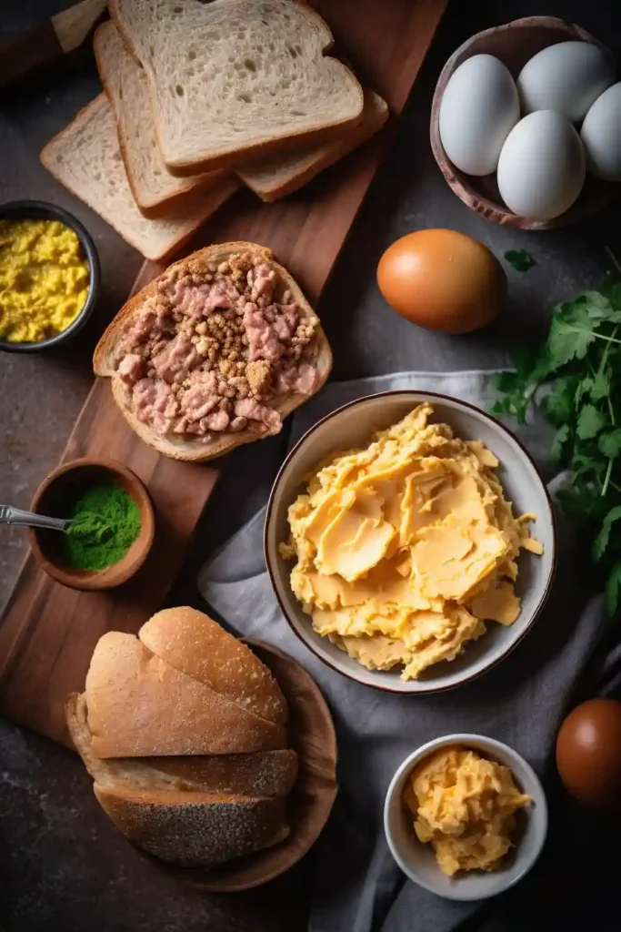 Thick, multi-layered breakfast sandwich featuring meat patties, scrambled eggs, and melty cheese, ready to serve.