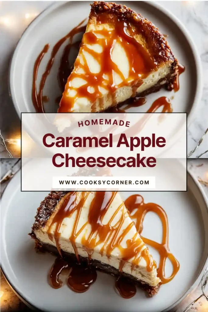 Rustic table setting with whole caramel apple cheesecake and serving utensils, perfect for Thanksgiving dessert.