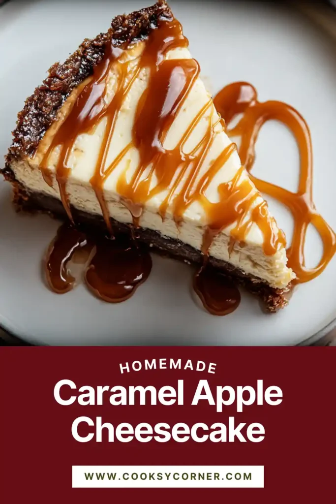 Overhead view of Caramel Apple Cheesecake topped with caramel sauce, sliced apples, and a golden graham cracker crust — cozy autumn dessert scene.