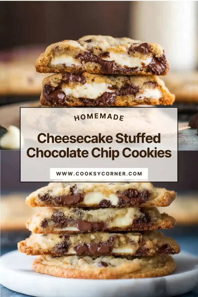 Bakery-style cheesecake cookies made with chocolate chips and cream cheese filling.