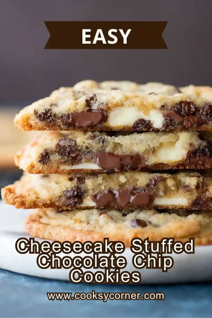Close-up of cheesecake stuffed chocolate chip cookies showing the rich cheesecake center.