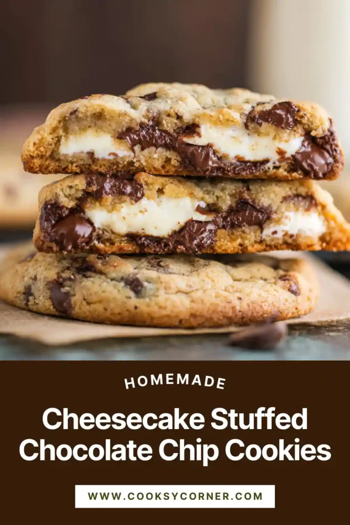Cheesecake Stuffed Chocolate Chip Cookies with soft centers and creamy cheesecake filling visible inside.