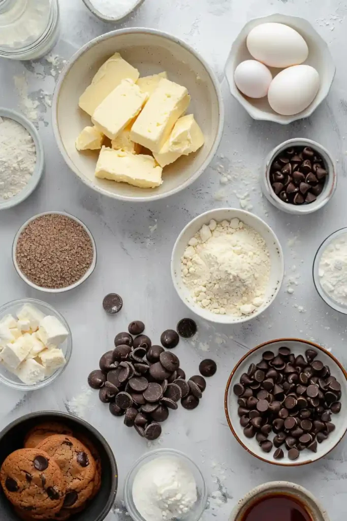 Homemade stuffed chocolate chip cookies with cheesecake center on a plate.
