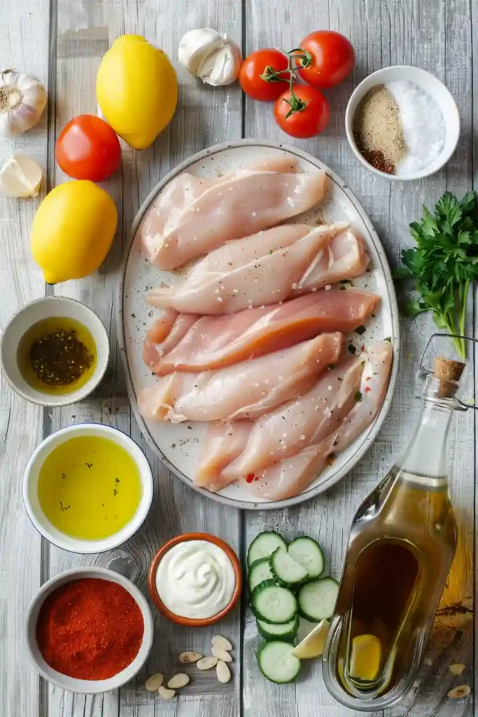 Middle Eastern chicken shawarma plated with fresh toppings and sauce.