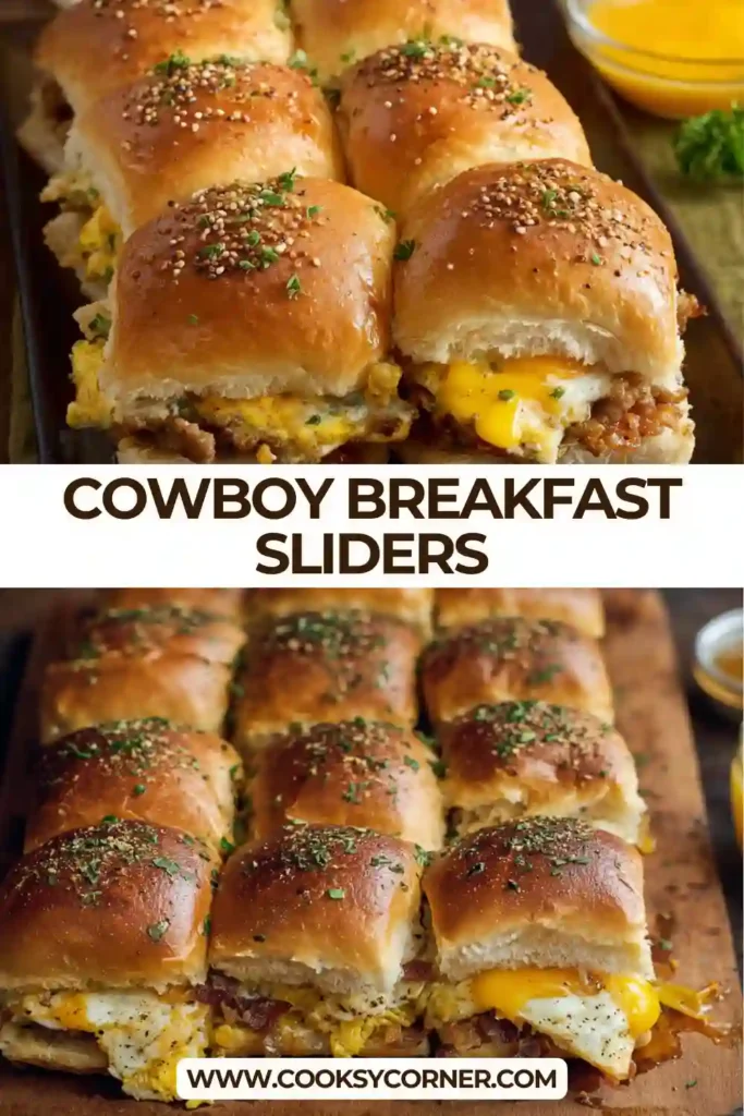 Close-up of Cowboy Breakfast Sliders showing fluffy eggs and cheesy layers brushed with cowboy butter.