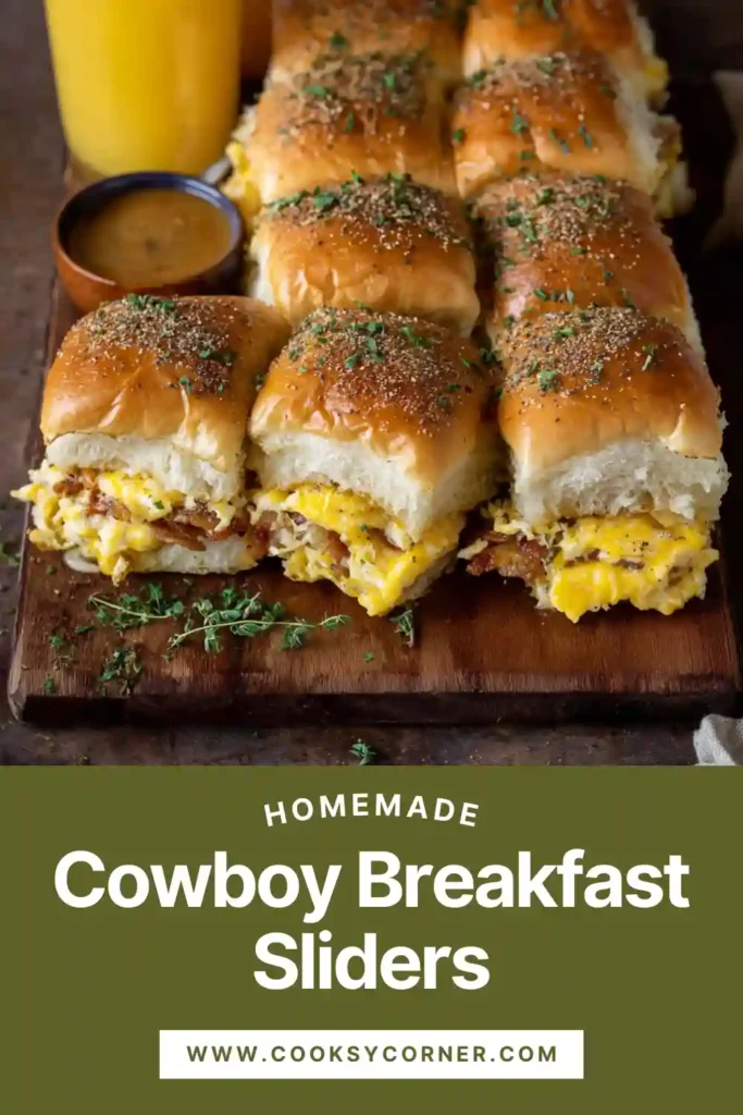 Cowboy Breakfast Sliders baked on Hawaiian rolls with eggs, beef sausage, turkey bacon, and melted cheddar cheese.