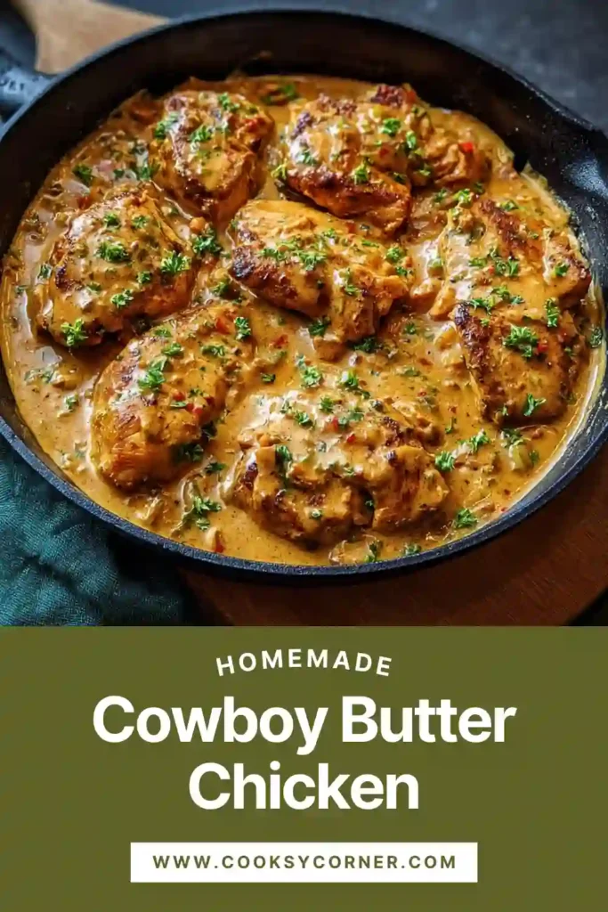 Cowboy Butter Chicken cooked in a skillet with creamy garlic butter sauce and fresh herbs. The chicken is golden, juicy, and coated in rich sauce.