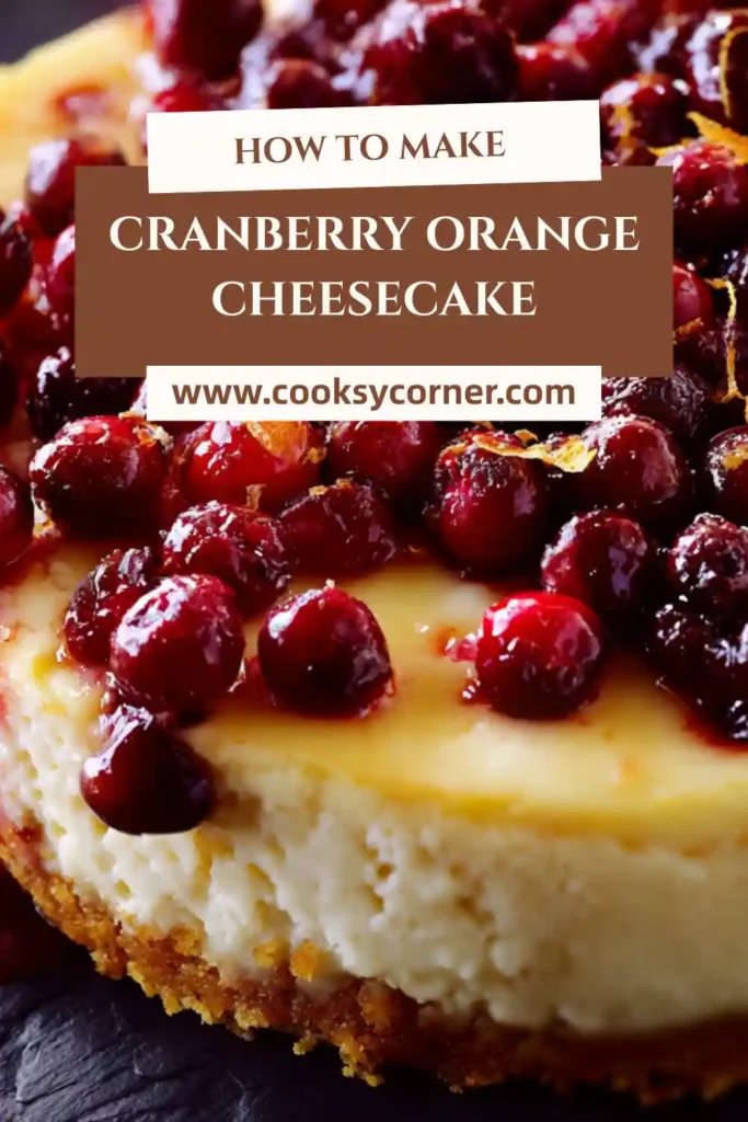 Holiday cranberry orange cheesecake with smooth texture and vibrant topping.
