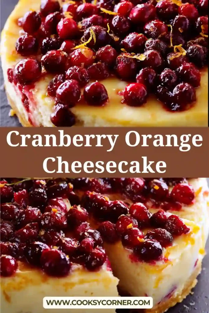 Slice of cranberry orange cheesecake showing creamy filling and spiced crust.