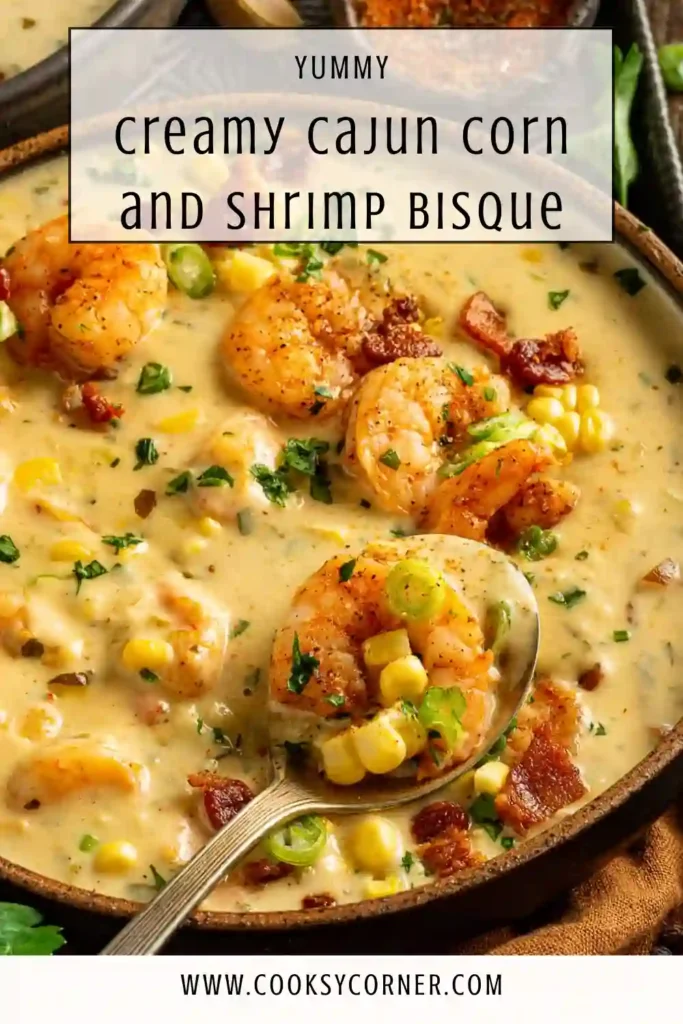 Cajun corn and shrimp bisque garnished with parsley and turkey bacon. Thick, creamy soup with bold Southern flavors.