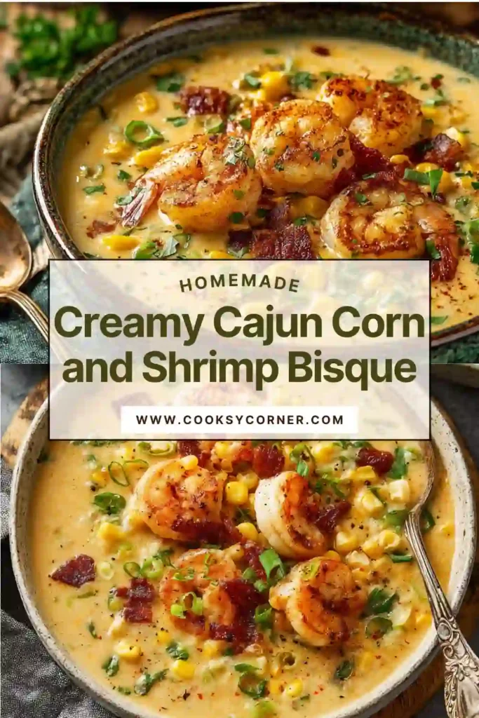 Close-up of creamy Cajun shrimp bisque showing tender shrimp, sweet corn, and smooth texture. A hearty seafood soup perfect for cozy meals.