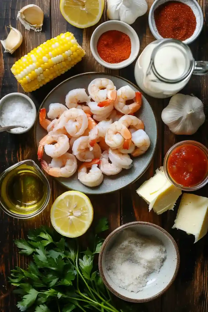 Bowl of creamy Cajun shrimp and corn bisque on a rustic table. Rich texture with visible shrimp and corn kernels.