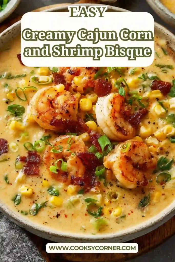 Creamy Cajun corn and shrimp bisque served in a bowl with visible shrimp and corn in a rich, velvety broth. The soup looks comforting and full of Cajun flavor.