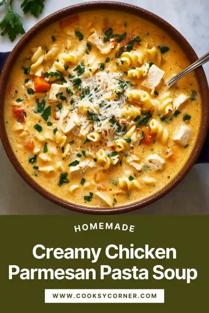 Hearty creamy chicken parmesan pasta soup garnished with fresh parsley and grated parmesan cheese.