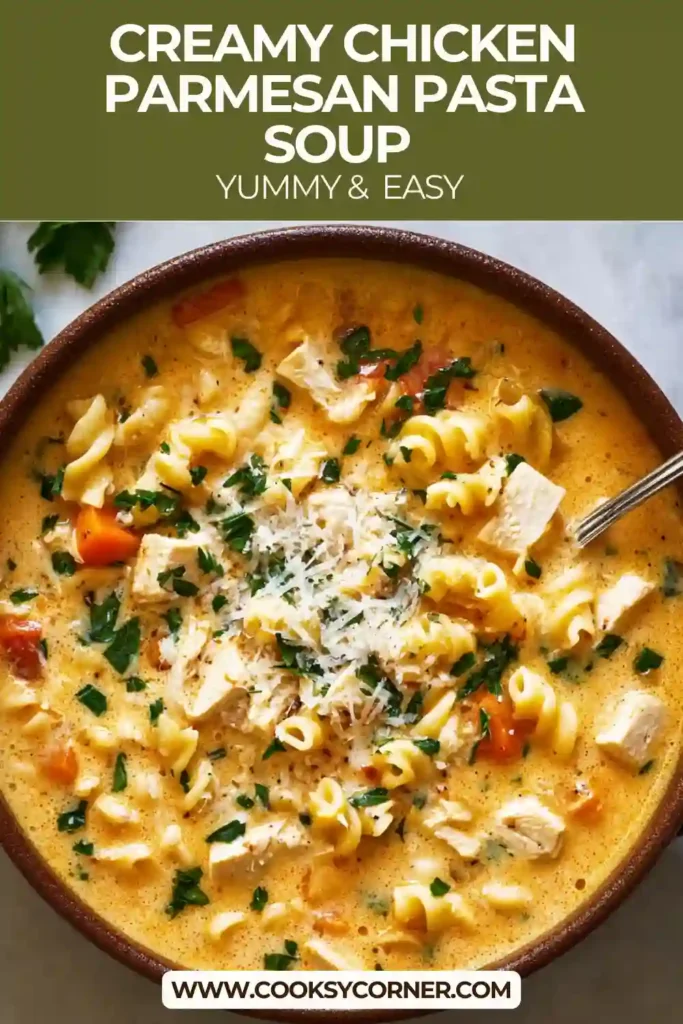 A close-up view of creamy chicken parmesan pasta soup showing tender carrots, herbs, and pasta in a velvety broth.