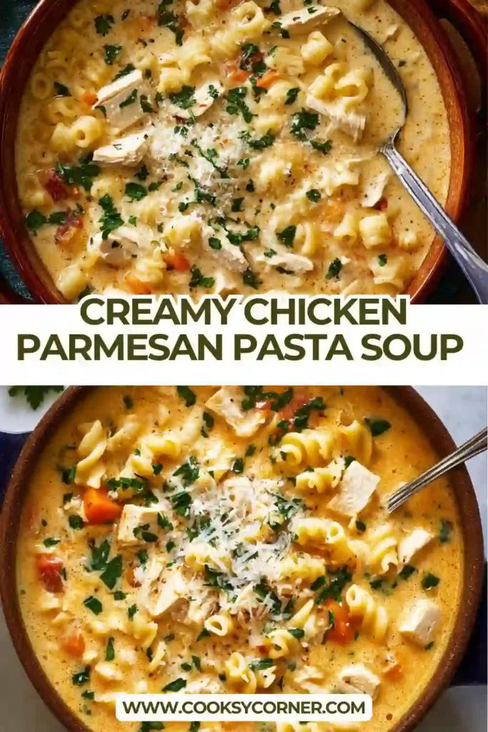 Creamy chicken parmesan pasta soup served in a bowl with visible pasta, shredded chicken, and parmesan cheese. The soup looks rich and comforting.