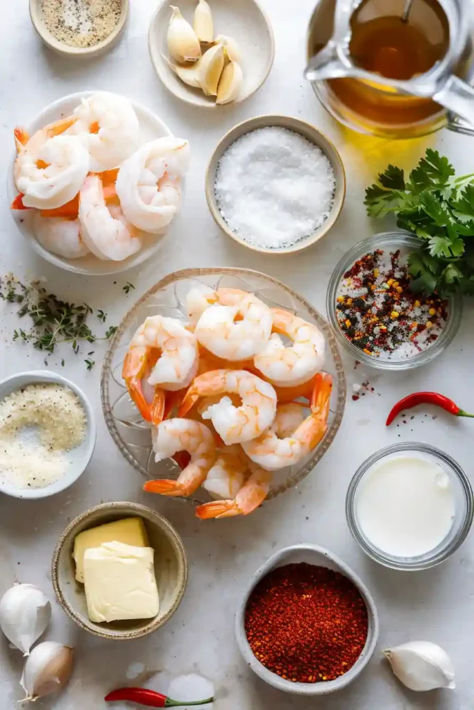 Creamy shrimp dinner featuring garlic sauce and Parmesan cheese.