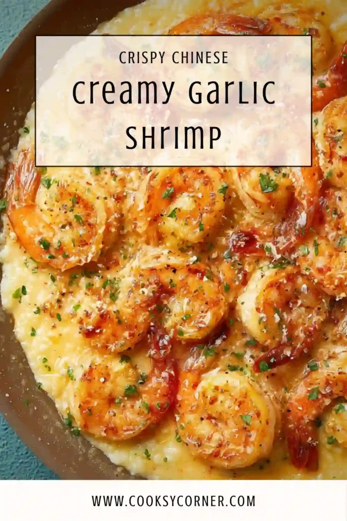 Close-up of creamy garlic shrimp with tender shrimp coated in a thick garlic sauce.