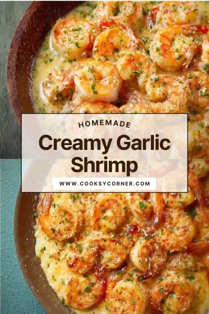 Creamy garlic shrimp cooked in a skillet with rich Parmesan cream sauce and fresh parsley.