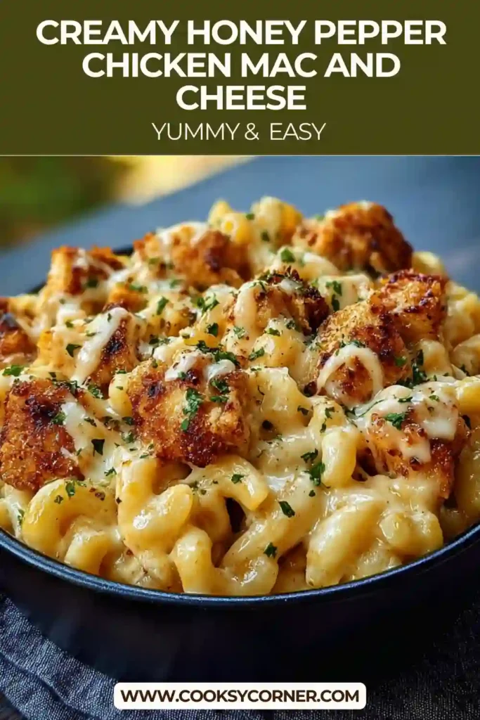 Chicken mac and cheese with honey pepper glaze and rich, creamy cheese sauce.