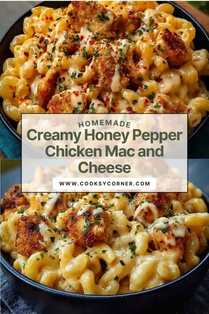 Creamy Honey Pepper Chicken Mac and Cheese topped with crispy glazed chicken pieces in a bowl.