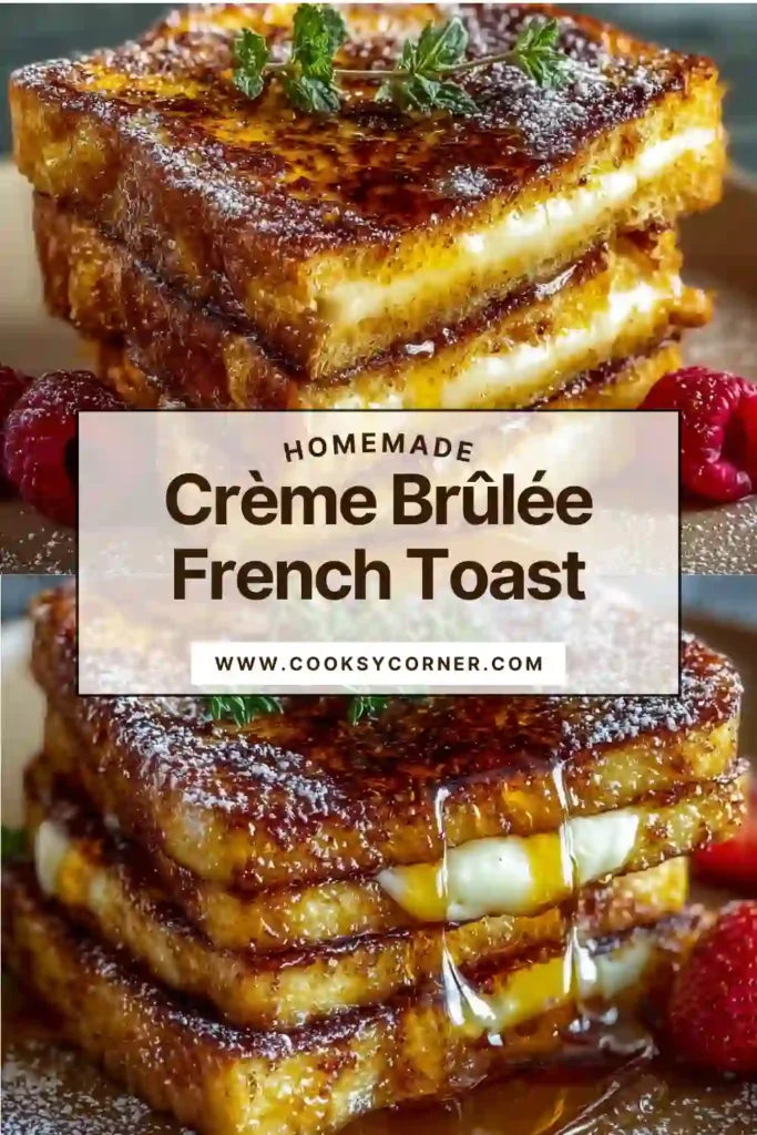 Crème brûlée French toast with caramelized sugar topping and custard center.