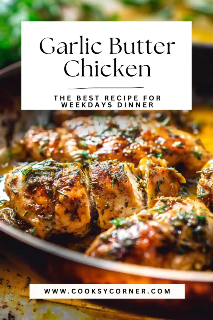 Juicy chicken breasts sliced and plated with fresh herbs and garlic butter drizzled on top, ready to serve with a side salad.