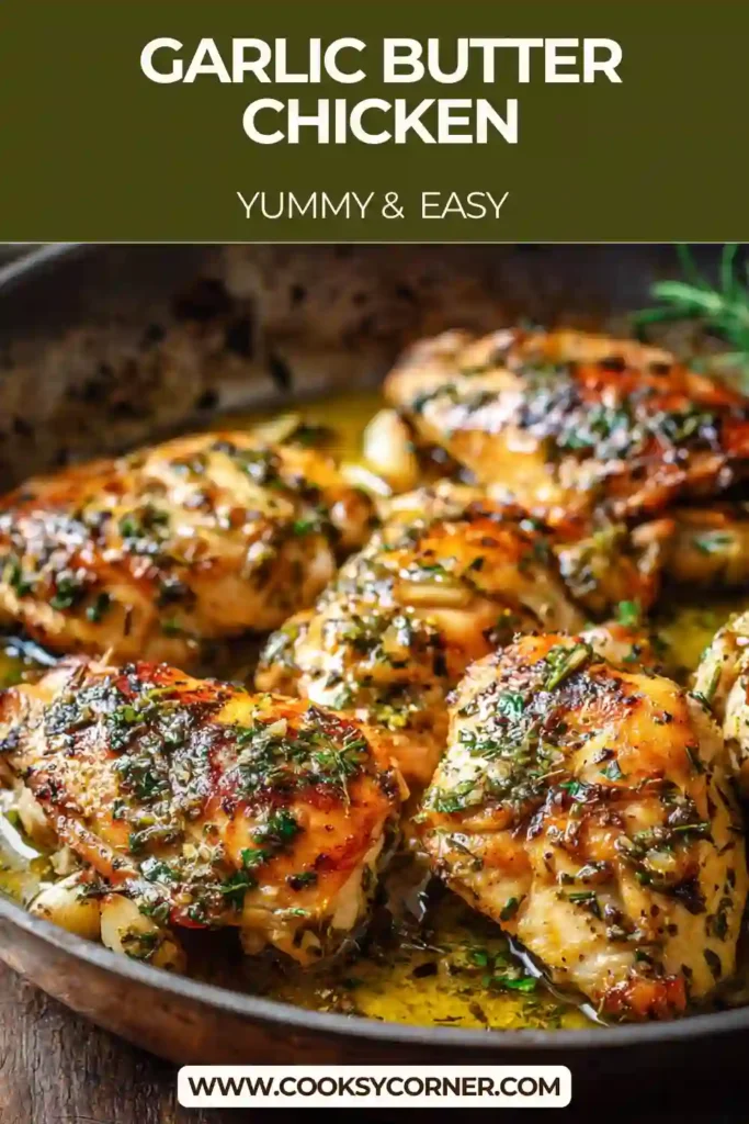 Skillet with garlic butter chicken breasts seared golden brown, surrounded by bubbling garlic herb butter sauce — an easy weeknight meal.