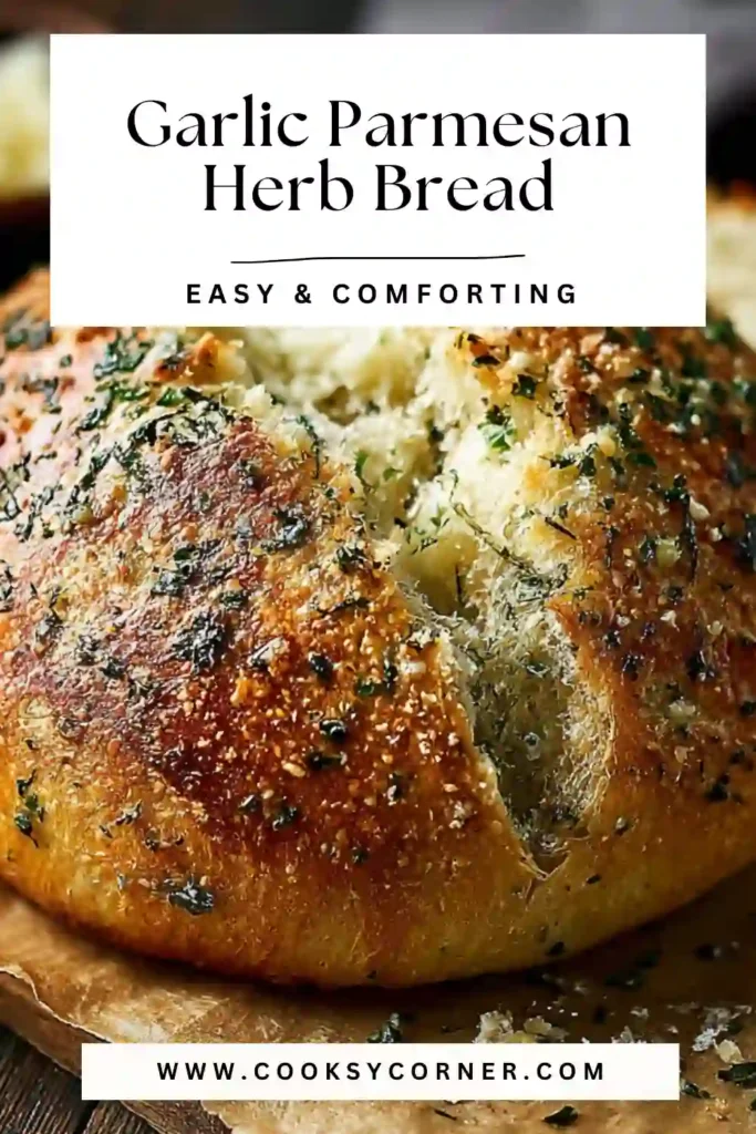 Garlic Parmesan herb bread baked until golden with visible layers of garlic, herbs, and cheese.