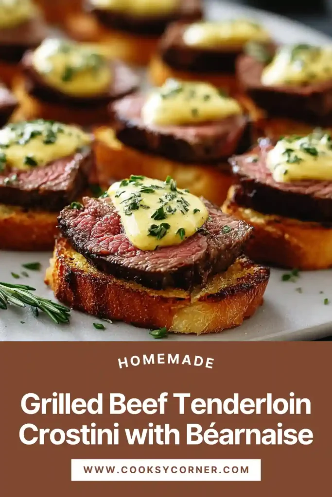 Beef tenderloin crostini arranged on a platter with béarnaise sauce and chives, ideal for entertaining or parties.