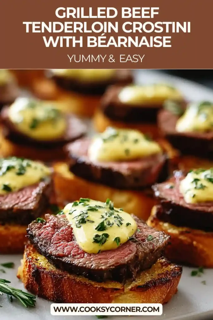 Close-up of grilled beef tenderloin crostini with creamy béarnaise sauce on golden crostini, showcasing texture and rich flavor.