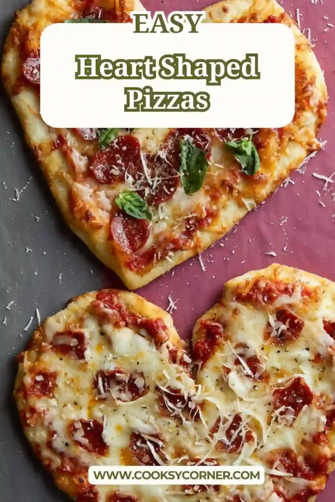 Unbaked heart-shaped pizza dough with sauce and toppings, demonstrating how to make heart-shaped pizzas step by step.