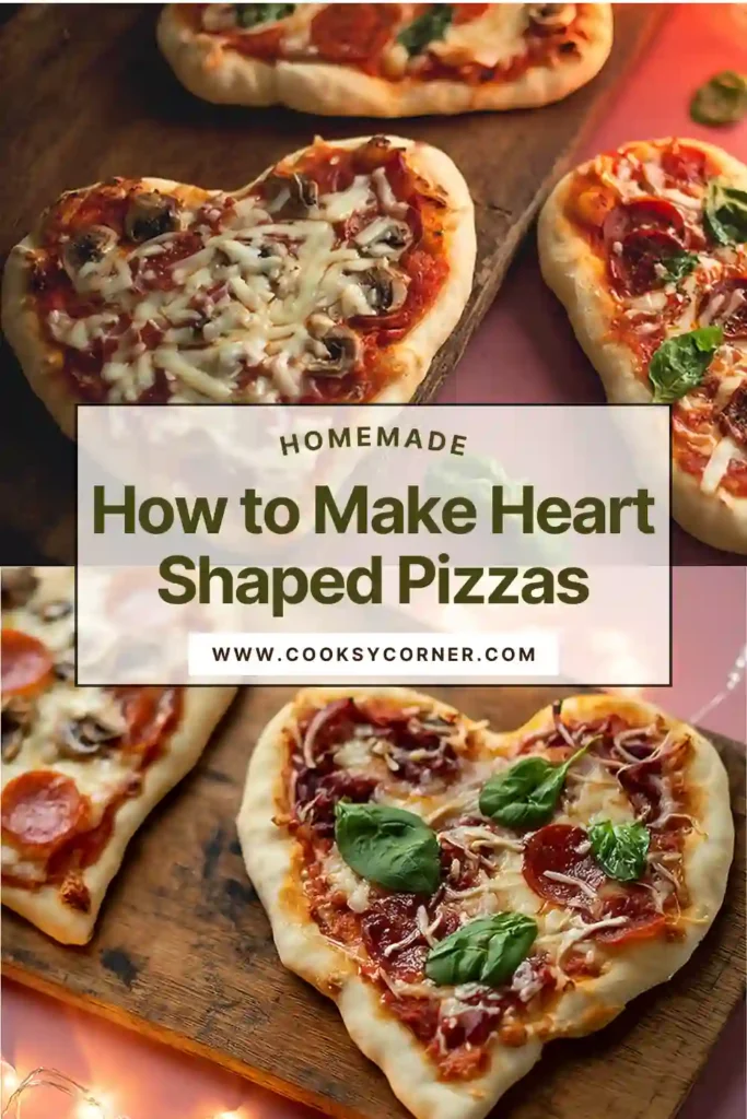 Heart-shaped pizza on a baking tray with melted cheese and toppings, showing a golden crust and defined heart shape perfect for Valentine’s Day meals.
