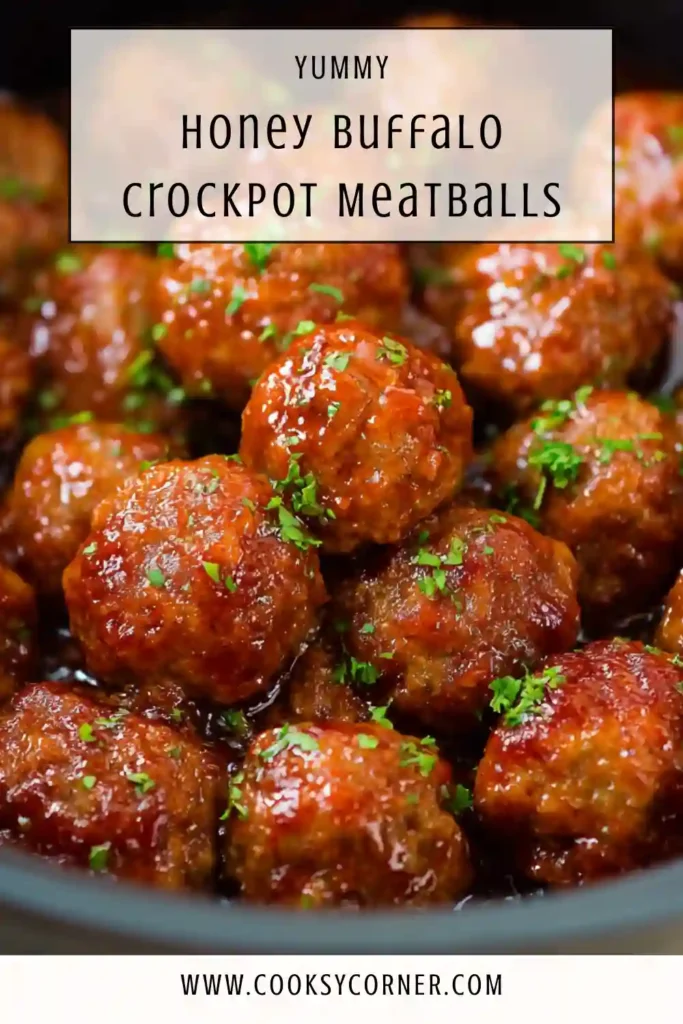 Honey buffalo crockpot meatballs coated in sweet and spicy sauce.