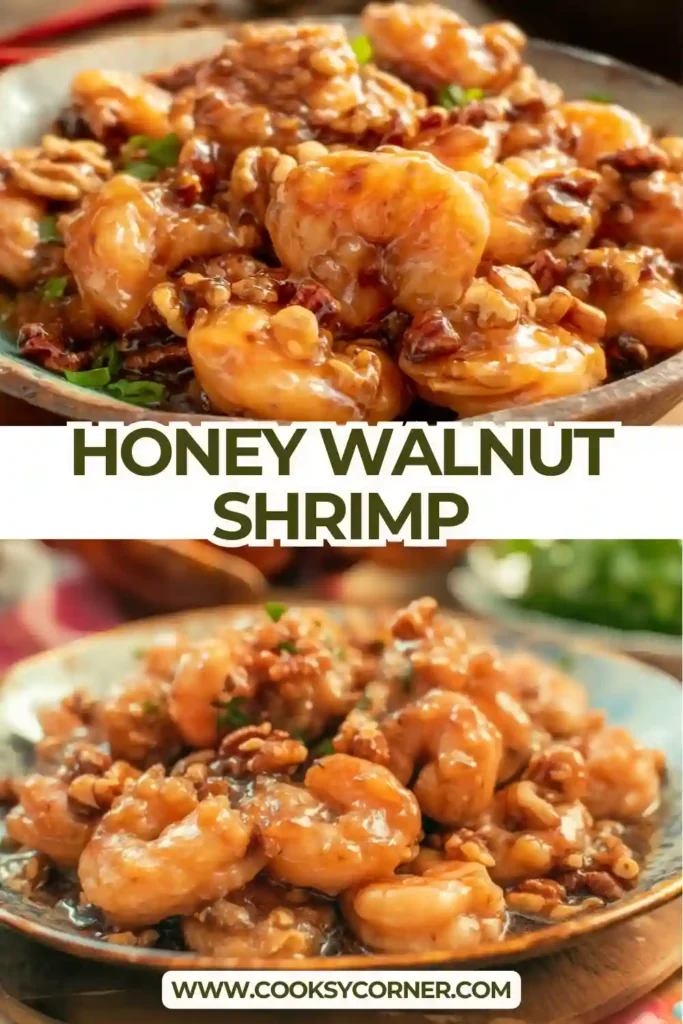 Close-up of crispy honey walnut shrimp with golden fried shrimp and glossy candied walnuts.