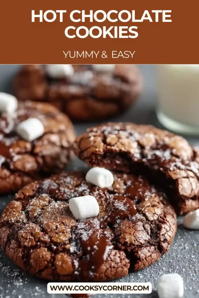 Hot Chocolate Cookies with marshmallows and chocolate chips on a baking tray, showing soft centers and rich cocoa texture.