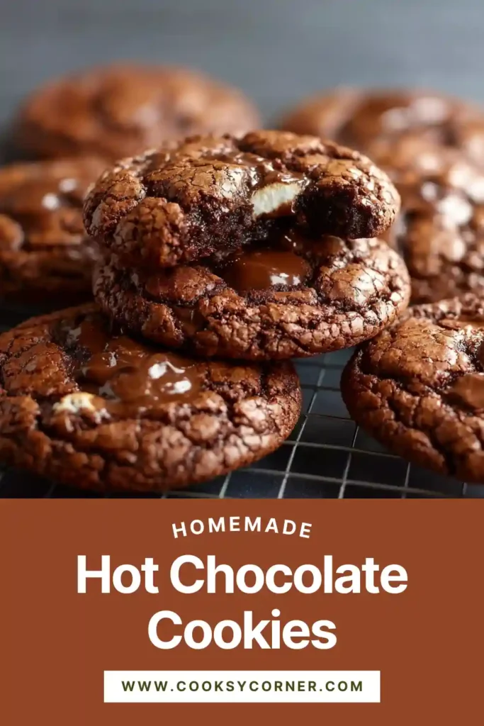 Cozy chocolate cookies inspired by hot cocoa, featuring gooey marshmallows and melted chocolate chunks.