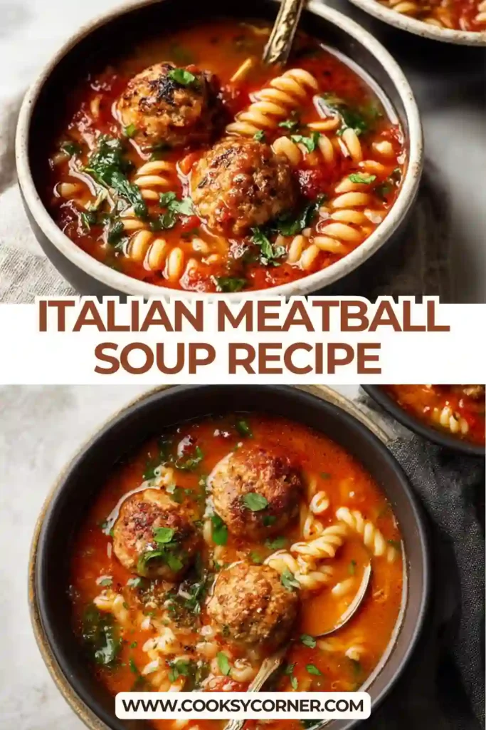 Hearty Italian Meatball Soup with pasta and herbs, perfect for a comforting dinner.