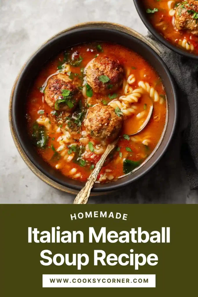 Close-up of Italian Meatball Soup showing tender meatballs and fusilli pasta in rich tomato broth.